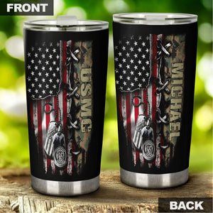Camellia Personalized American Flag Marine Corps Stainless Steel Tumbler - Double-Walled Insulation Vacumm Flask - Gift For American Soldiers, Veterans, Christmas