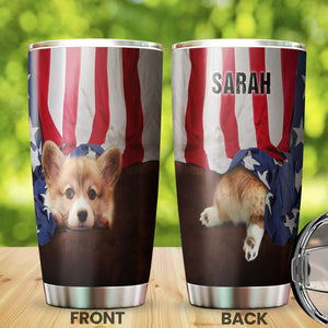 Camellia Personalized 3D Corgi American Flag Stainless Steel Tumbler - Customized Double-Walled Insulation Travel Thermal Cup With Lid