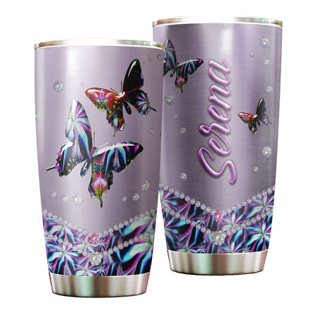 Camellia Personalized 3D Colorful Diamond Butterfly Stainless Steel Tumbler - Customized Double-Walled Insulation Thermal Cup With Lid
