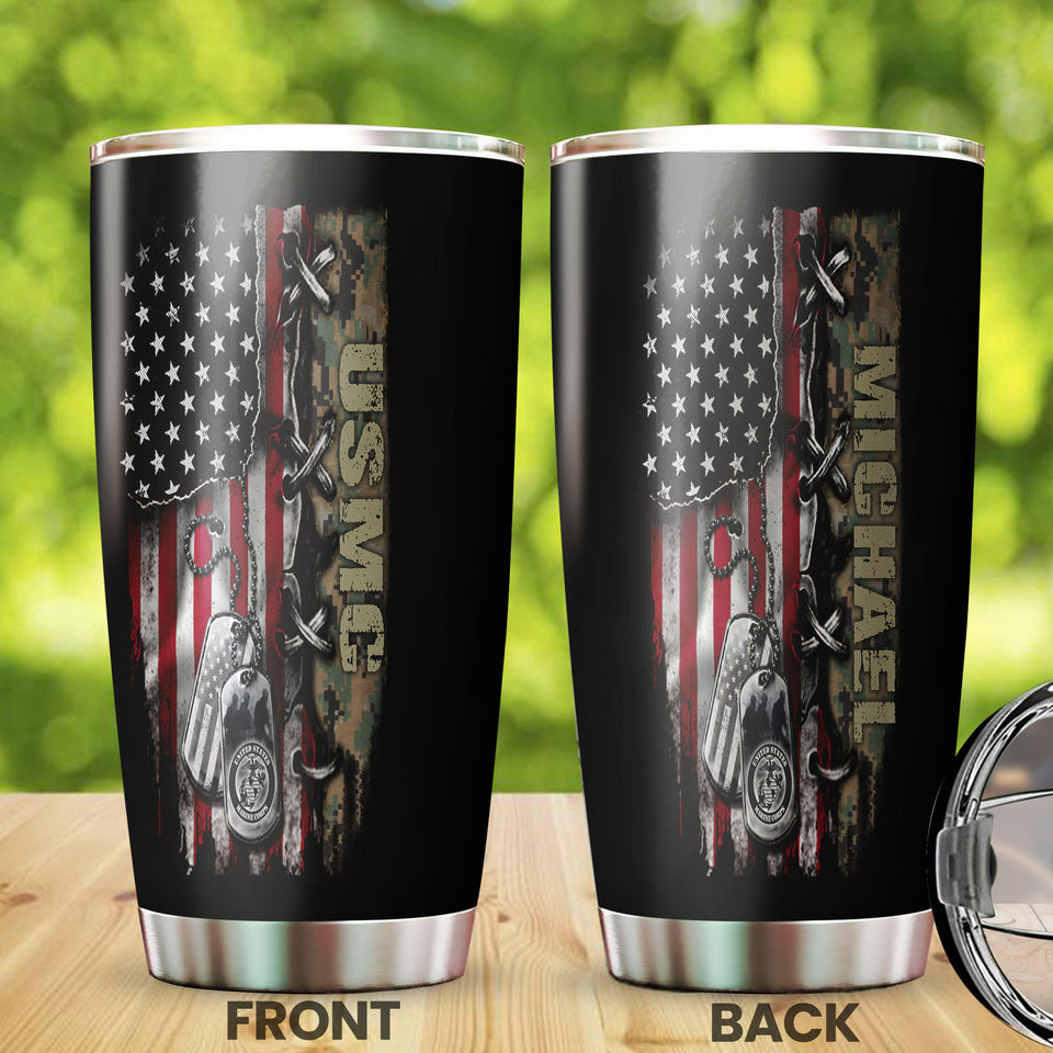 Camellia Personalized American Flag Marine Corps Stainless Steel Tumbler - Double-Walled Insulation Vacumm Flask - Gift For American Soldiers, Veterans, Christmas