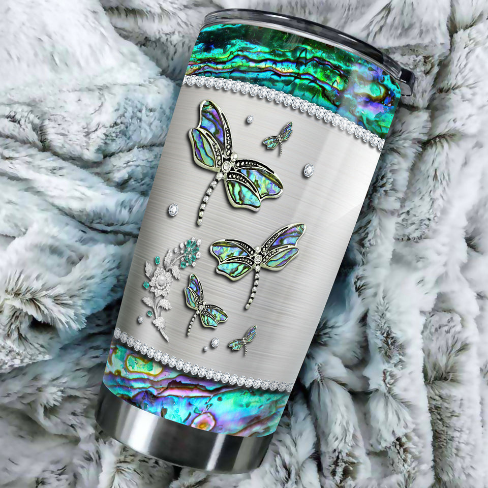 Camellia Personalized Dragonfly Jewelry Style Stainless Steel Tumbler - Customized Double-Walled Insulation Travel Thermal Cup  With Lid Gift For Dragonfly Lover