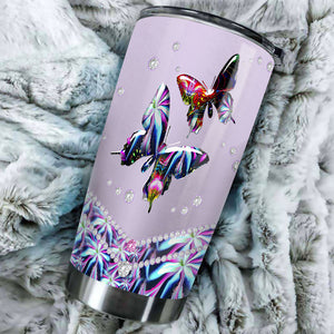 Camellia Personalized 3D Colorful Diamond Butterfly Stainless Steel Tumbler - Customized Double-Walled Insulation Thermal Cup With Lid