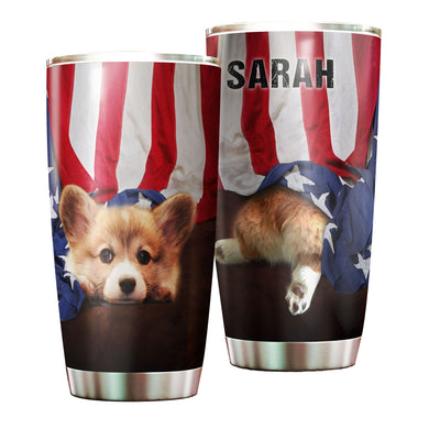 Camellia Personalized 3D Corgi American Flag Stainless Steel Tumbler - Customized Double-Walled Insulation Travel Thermal Cup With Lid