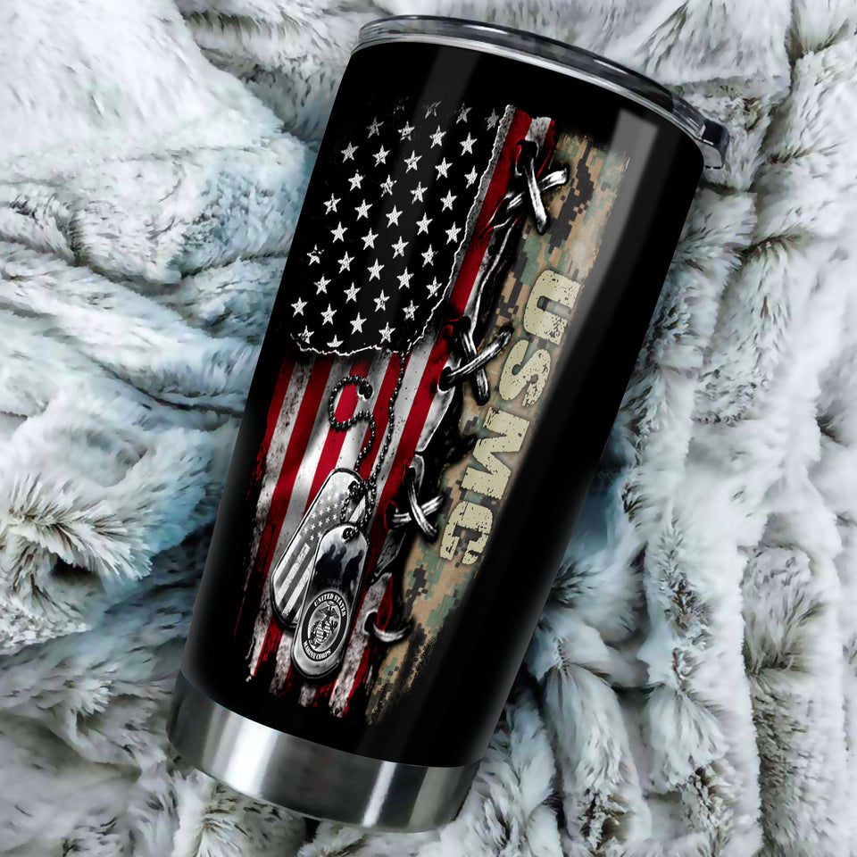 Camellia Personalized American Flag Marine Corps Stainless Steel Tumbler - Double-Walled Insulation Vacumm Flask - Gift For American Soldiers, Veterans, Christmas