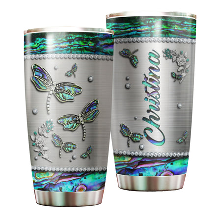 Camellia Personalized Dragonfly Jewelry Style Stainless Steel Tumbler - Customized Double-Walled Insulation Travel Thermal Cup  With Lid Gift For Dragonfly Lover