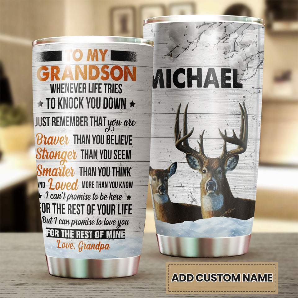 Camellia Personalized Deer To My Grandson I Can Promise To Love You For The Rest Of Mine Grandpa Stainless Steel Tumbler - Customized Double-Walled Insulation Travel Thermal Cup With Lid Gift For Grandson