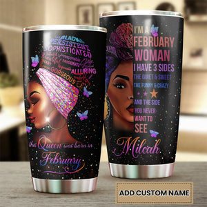 Camellia Personalized Black Women February Stainless Steel Tumbler - Double-Walled Insulation Vacumm Flask - Gift For Black Queen, International Women's Day, Hippie Girls