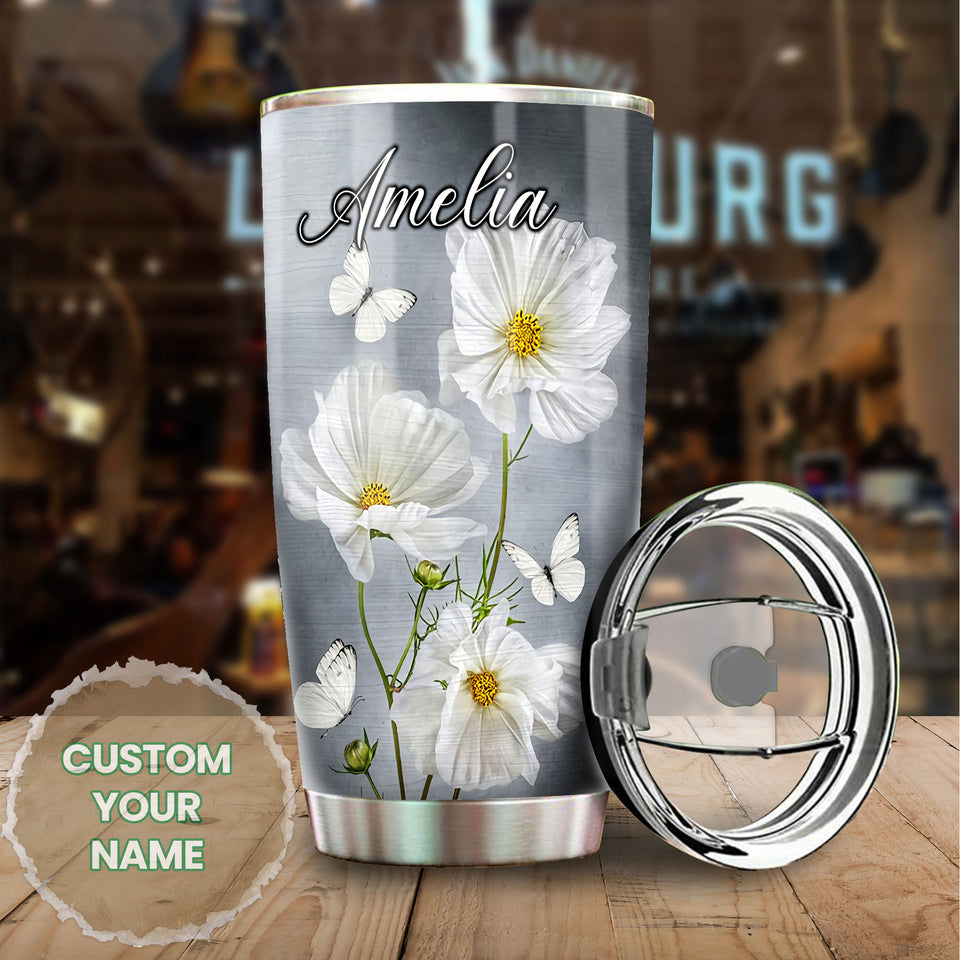 Camellia Personalized White Flower Butterfly A Piece Of My Heart Lives In Heaven Stainless Steel Tumbler - Customized Double-Walled Insulation Travel Thermal Cup With Lid