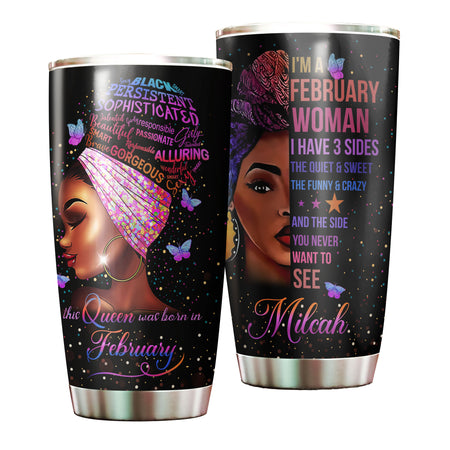 Camellia Personalized Black Women February Stainless Steel Tumbler - Double-Walled Insulation Vacumm Flask - Gift For Black Queen, International Women's Day, Hippie Girls