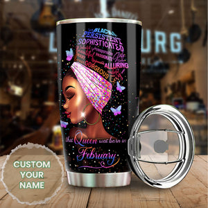 Camellia Personalized Black Women February Stainless Steel Tumbler - Double-Walled Insulation Vacumm Flask - Gift For Black Queen, International Women's Day, Hippie Girls