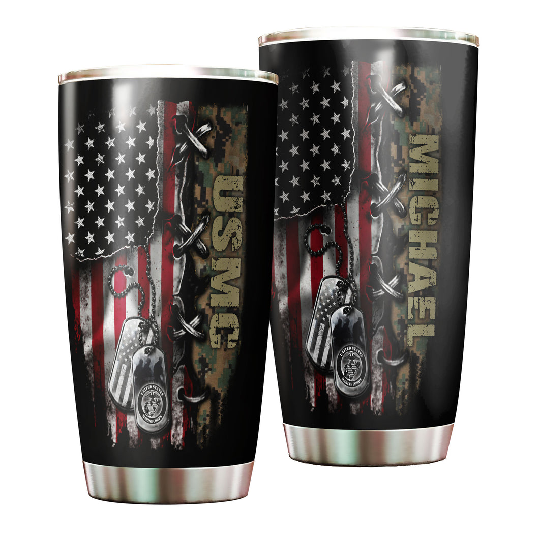 Camellia Personalized American Flag Marine Corps Stainless Steel Tumbler - Double-Walled Insulation Vacumm Flask - Gift For American Soldiers, Veterans, Christmas