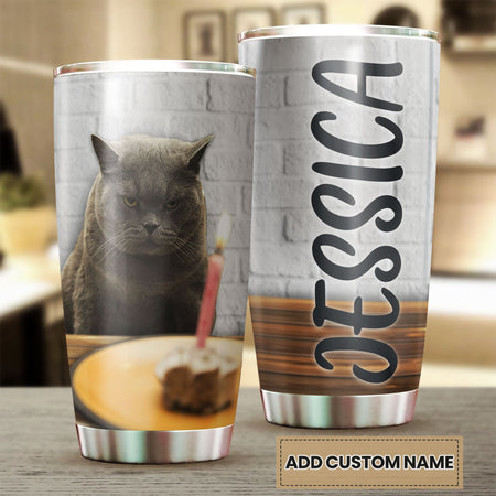 Camellia Personalized British Shorthair Cat Birthday Stainless Steel Tumbler - Double-Walled Insulation Vacumm Flask - Gift For Bristish Shorthair Lovers, International Cat Day