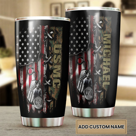 Camellia Personalized American Flag Marine Corps Stainless Steel Tumbler - Double-Walled Insulation Vacumm Flask - Gift For American Soldiers, Veterans, Christmas