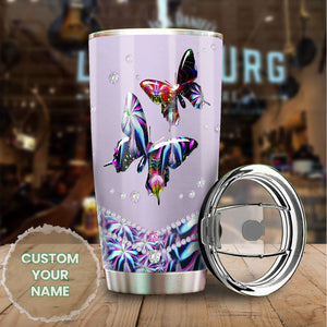 Camellia Personalized 3D Colorful Diamond Butterfly Stainless Steel Tumbler - Customized Double-Walled Insulation Thermal Cup With Lid