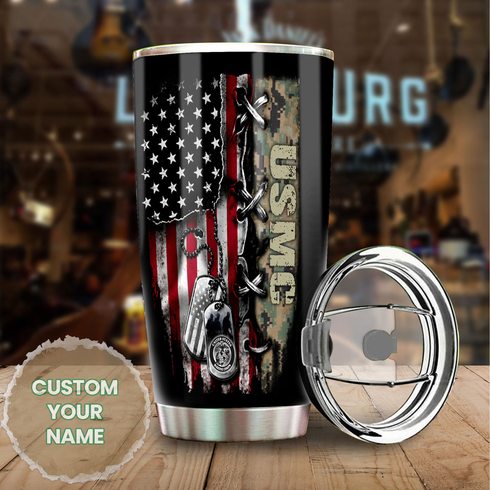 Camellia Personalized American Flag Marine Corps Stainless Steel Tumbler - Double-Walled Insulation Vacumm Flask - Gift For American Soldiers, Veterans, Christmas