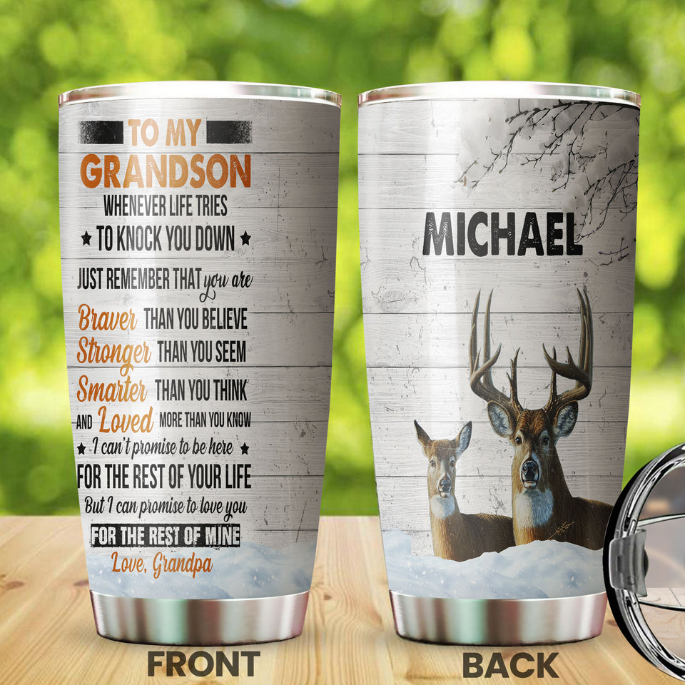 Camellia Personalized Deer To My Grandson I Can Promise To Love You For The Rest Of Mine Grandpa Stainless Steel Tumbler - Customized Double-Walled Insulation Travel Thermal Cup With Lid Gift For Grandson