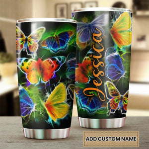 Camellia Personalized  Rainbow Neon Butterfly Stainless Steel Tumbler - Double-Walled Insulation Vacumm Flask - For Thanksgiving, Memorial Day, Christians, Christmas Gift