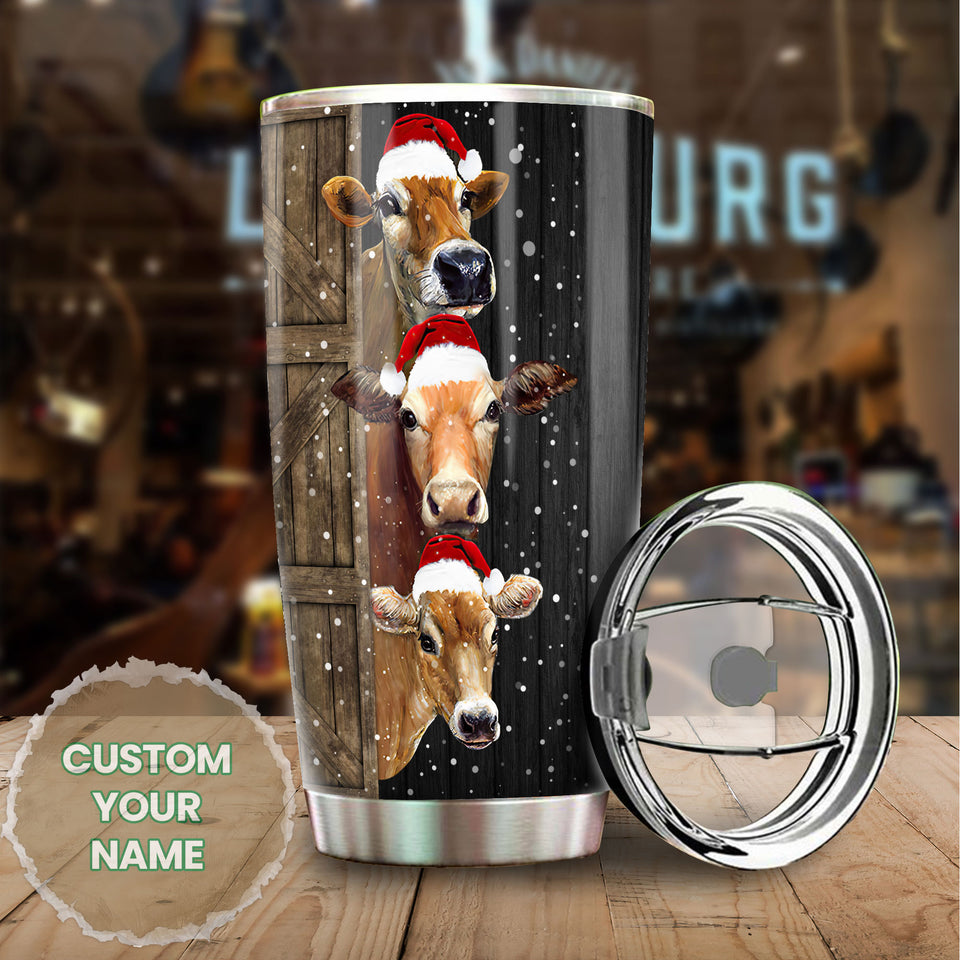 Camellia Personalized 3D Christmas Cow Stainless Steel Tumbler - Customized Double-Walled Insulation Travel Thermal Cup With Lid