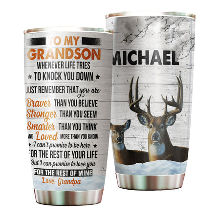 Camellia Personalized Deer To My Grandson I Can Promise To Love You For The Rest Of Mine Grandpa Stainless Steel Tumbler - Customized Double-Walled Insulation Travel Thermal Cup With Lid Gift For Grandson