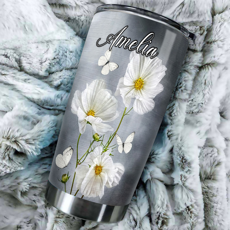 Camellia Personalized White Flower Butterfly A Piece Of My Heart Lives In Heaven Stainless Steel Tumbler - Customized Double-Walled Insulation Travel Thermal Cup With Lid