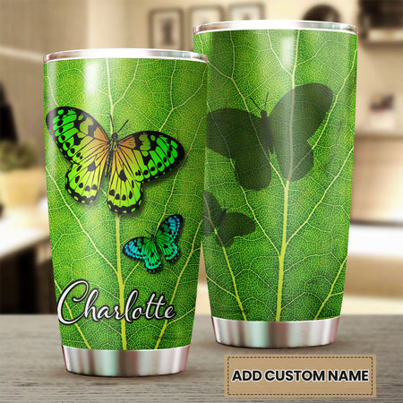 Camellia Personalized Butterfly On Leaf Stainless Steel Tumbler - Double-Walled Insulation Vacumm Flask - For Thanksgiving, Memorial Day, Christians, Christmas Gift
