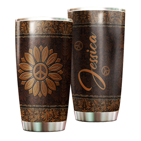 Camellia Persionalized Sunflower Leather Style Stainless Steel Tumbler - Customized Double - Walled Insulation Travel Thermal Cup With Lid