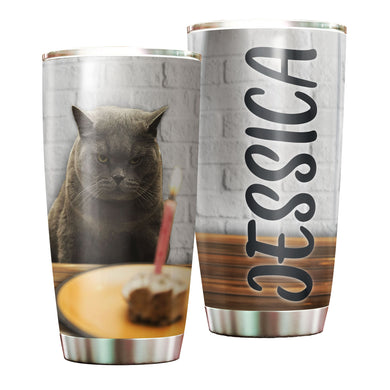 Camellia Personalized British Shorthair Cat Birthday Stainless Steel Tumbler - Double-Walled Insulation Vacumm Flask - Gift For Bristish Shorthair Lovers, International Cat Day