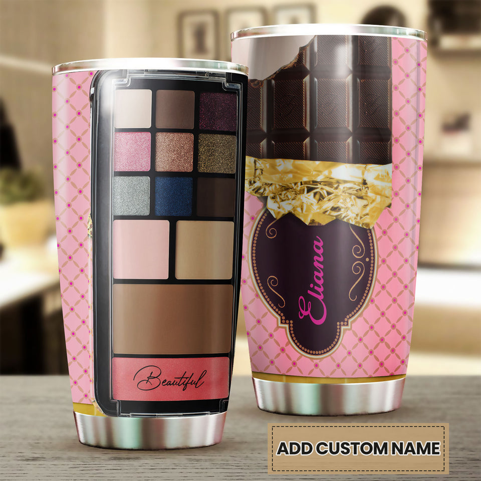 Camellia Personalized Chocolate Eye Shadow Palette Stainless Steel Tumbler - Customized Double-Walled Insulation Travel Thermal Cup With Lid Gift For Makeup Lover Girl