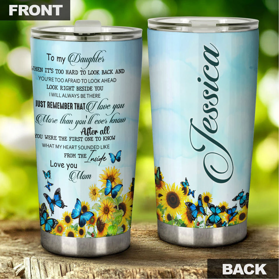 Camellia Personalized Blue Butterfly Mom To Daughter Stainless Steel Tumbler - Double-Walled Insulation Vacumm Flask - For Thanksgiving, Memorial Day, Daughter's Gift