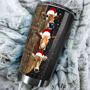 Camellia Personalized 3D Christmas Cow Stainless Steel Tumbler - Customized Double-Walled Insulation Travel Thermal Cup With Lid