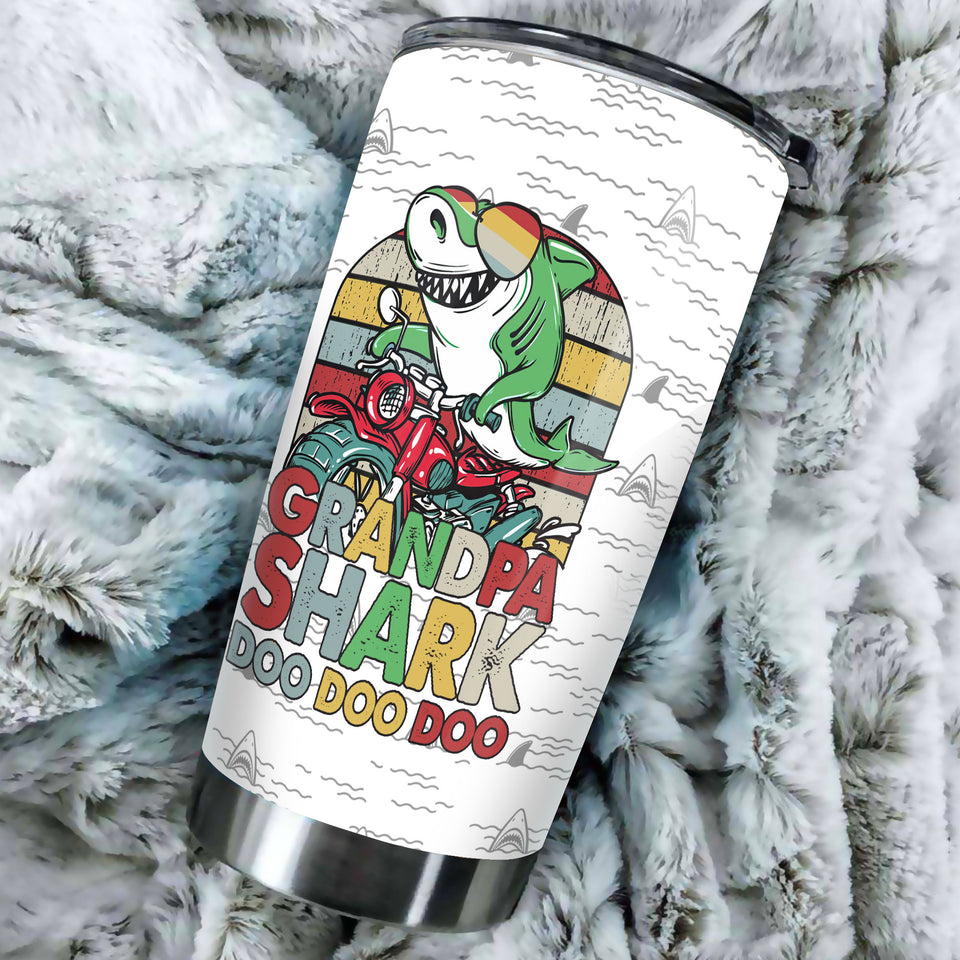 Camellia Personalized Funny Grandpa Shark Rider Doo Doo Doo Stainless Steel Tumbler - Customized Double-Walled Insulation Travel Thermal Cup With Lid