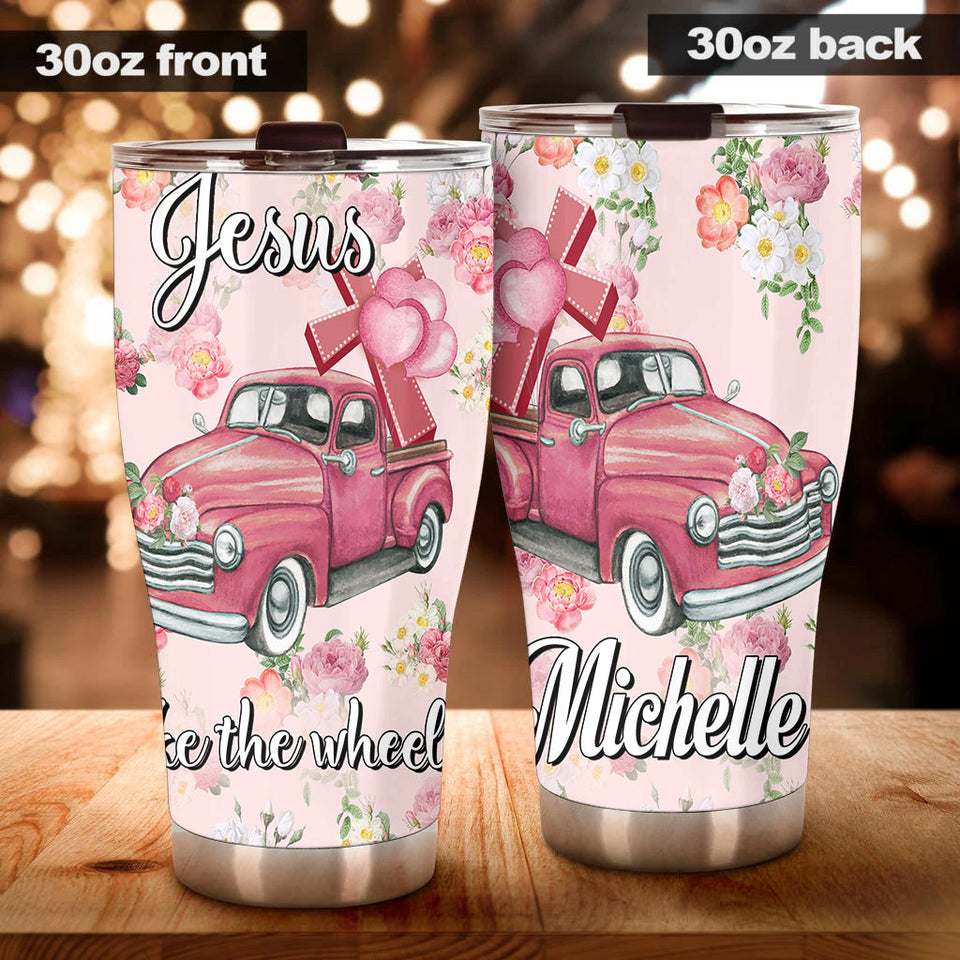 Camellia Personalized Faith Jesus Take The wheel Pink Car Stainless Steel Tumbler-Double-Walled Insulation Travel Cup With Lid