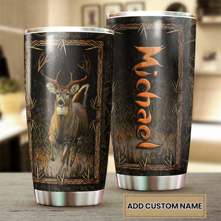 Camellia Personalized 3D Deer Hunting Forest Stainless Steel Tumbler - Customized Double-Walled Insulation Travel Thermal Cup With Lid Gift For Deer Lover