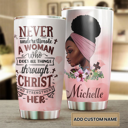 Camellia Personalized Black Women Faith Stainless Steel Tumbler - Double-Walled Insulation Vacumm Flask - Gift For Black Queen, International Women's Day, Hippie Girls 00