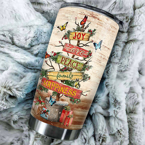 Camellia Personalized Christmas Tree Joy Love Peace Family Happiness Stainless Steel Tumbler - Customized Double-Walled Insulation Travel Thermal Cup With Lid