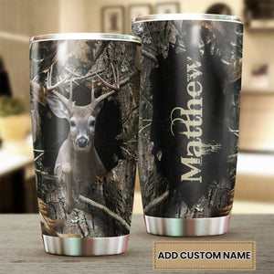 Camellia Personalized 3D Deer In Treestump Stainless Steel Tumbler - Customized Double-Walled Insulation Travel Thermal Cup With Lid Gift For Deer Lover
