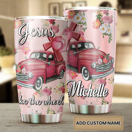 Camellia Personalized Faith Jesus Take The wheel Pink Car Stainless Steel Tumbler-Double-Walled Insulation Travel Cup With Lid