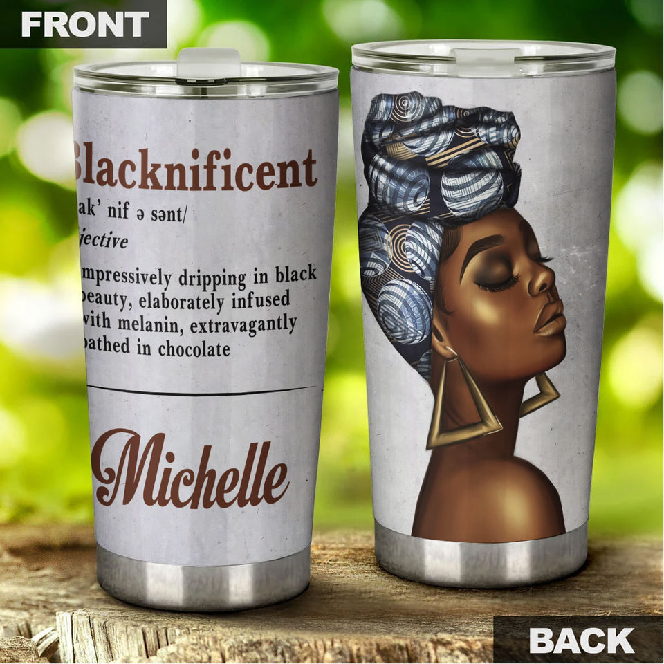 Camellia Personalized Black Beauty Blacknificent Stainless Steel Tumbler - Double-Walled Insulation Vacumm Flask - Gift For Black Queen, International Women's Day, Hippie Girls