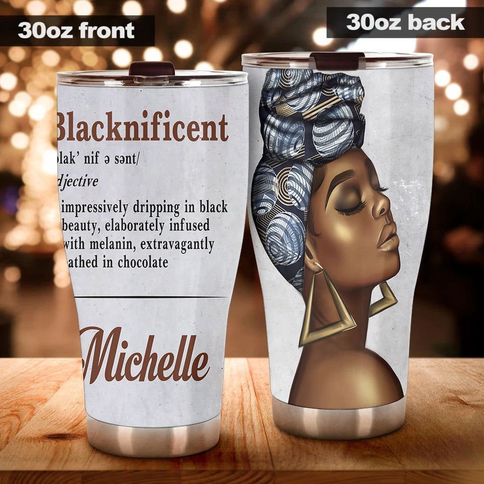 Camellia Personalized Black Beauty Blacknificent Stainless Steel Tumbler - Double-Walled Insulation Vacumm Flask - Gift For Black Queen, International Women's Day, Hippie Girls