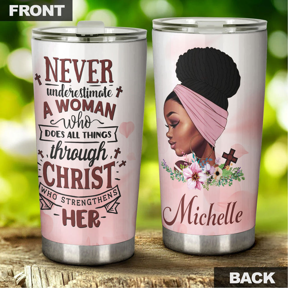 Camellia Personalized Black Women Faith Stainless Steel Tumbler - Double-Walled Insulation Vacumm Flask - Gift For Black Queen, International Women's Day, Hippie Girls 00