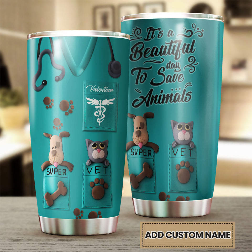 Camellia Personalized 3D Dog Cat Its A Beautiful Day To Save Animal Stainless Steel Tumbler - Customized Double-Walled Insulation Travel Thermal Cup With Lid Gift For Veterinian
