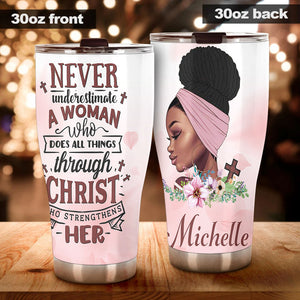 Camellia Personalized Black Women Faith Stainless Steel Tumbler - Double-Walled Insulation Vacumm Flask - Gift For Black Queen, International Women's Day, Hippie Girls 00