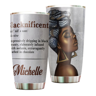 Camellia Personalized Black Beauty Blacknificent Stainless Steel Tumbler - Double-Walled Insulation Vacumm Flask - Gift For Black Queen, International Women's Day, Hippie Girls