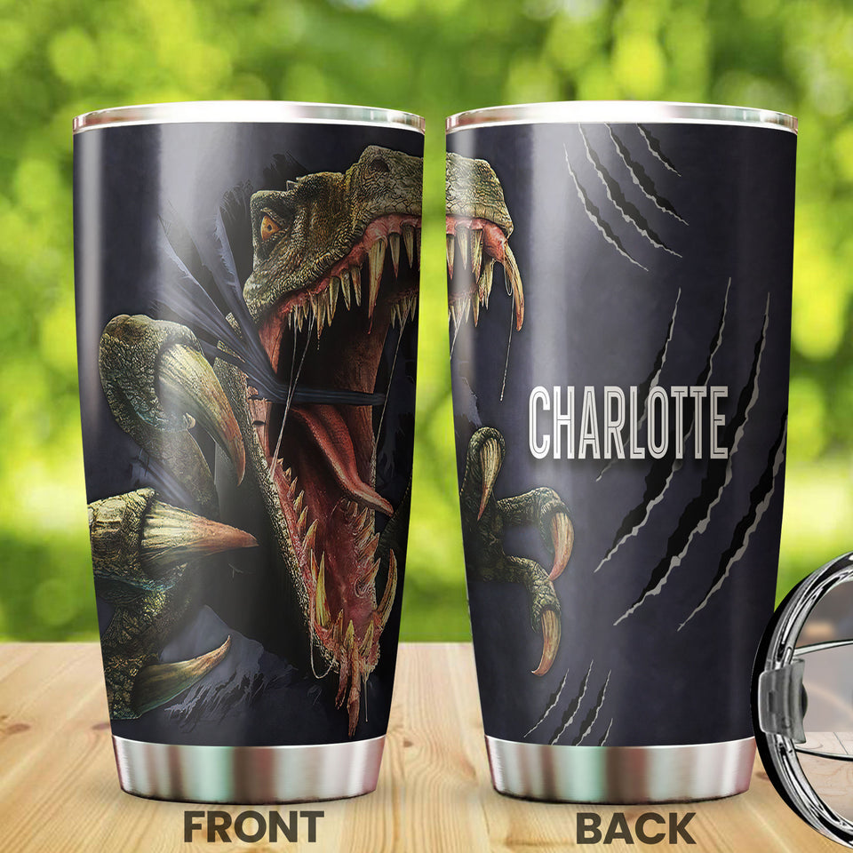Camellia Personalized 3D Angry Dinosaur Stainless Steel Tumbler - Customized Double-Walled Insulation Travel Thermal Cup With Lid Gift For Dinosaur Lover