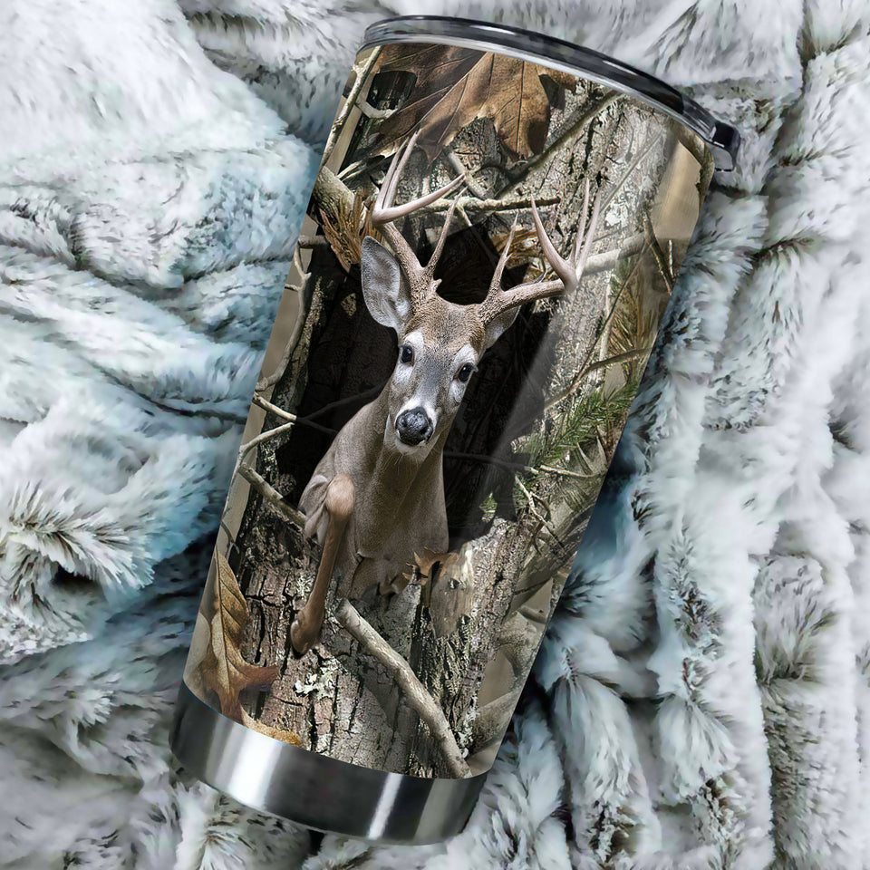 Camellia Personalized 3D Deer In Treestump Stainless Steel Tumbler - Customized Double-Walled Insulation Travel Thermal Cup With Lid Gift For Deer Lover