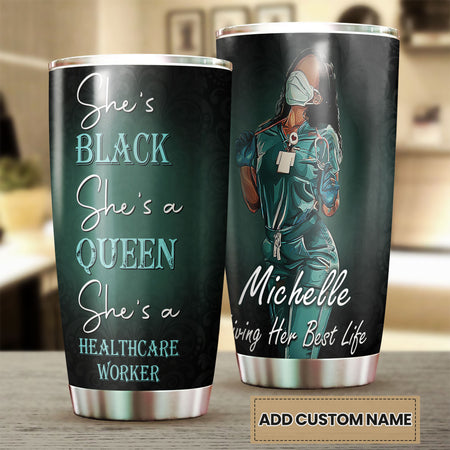 Camellia Personalized Black Nurse Stainless Steel Tumbler - Double-Walled Insulation Vacumm Flask - Gift For Black Queen, International Women's Day, Nurse's Day