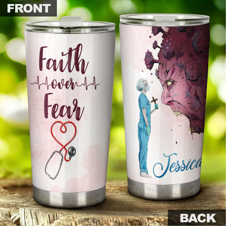 Camellia Personalized Nurse Faith Over Fear Stainless Steel Tumbler - Double-Walled Insulation Vacumm Flask - Gift For Nurse, Christmas Gift, International Nurses Day