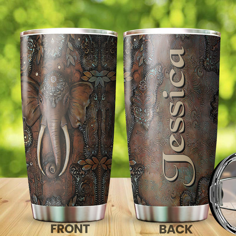Camellia Personalized Mandala Elephant Stainless Steel Tumbler-Sweat-Proof Double Wall Travel Cup With Lid