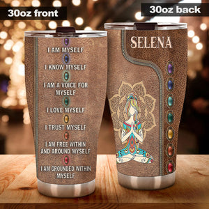 Camellia Personalized Meditation Girl Leather Style Stainless Steel Tumbler-Sweat-Proof Double Wall Travel Cup With Lid