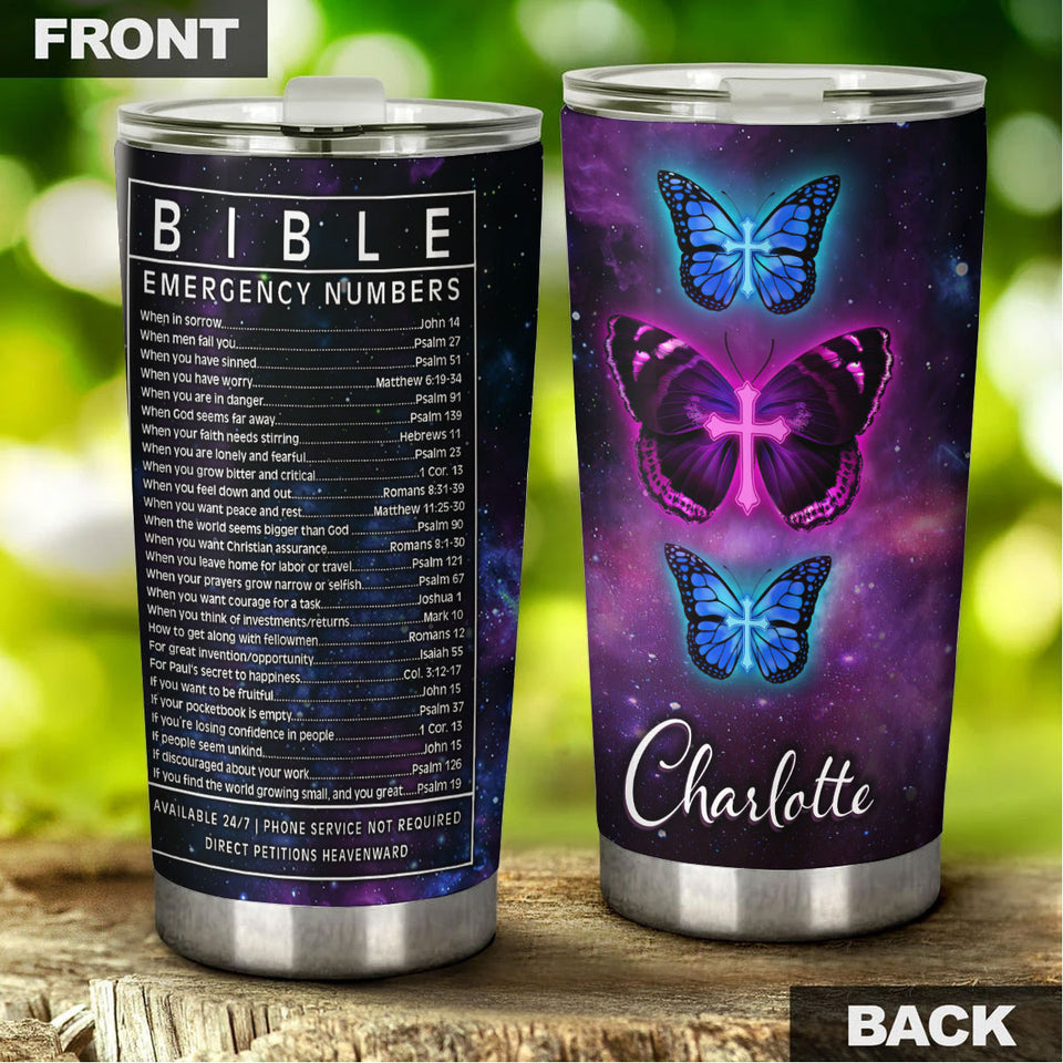 Camellia Personalized Butterfly Cross Bible Emergency Numbers Stainless Steel Tumbler - Double-Walled Insulation Vacumm Flask - For Thanksgiving, Memorial Day, Christians, Christmas Gift